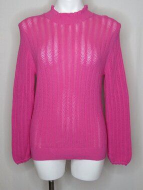J. Crew Pink Pointelle Ruffle Neck Loose Knit Cotton Sweater Women's M Medium